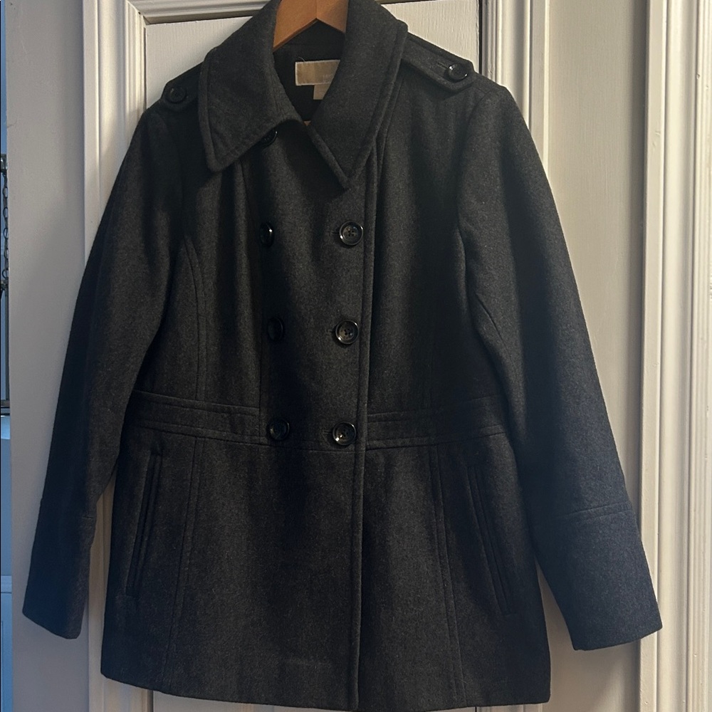 MICHAEL KORS Classic Double-Breasted Wool Peacoat in Dark Charcoal